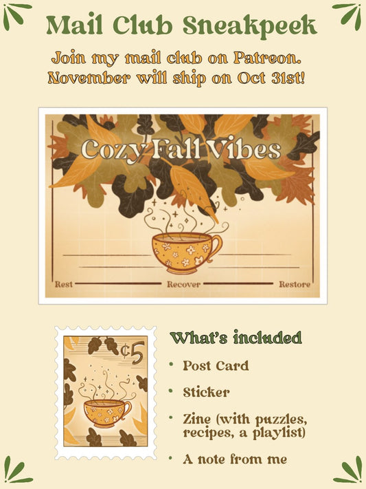 An image of the promotional details for my monthly mail club. This includes a sticker and a postcard.