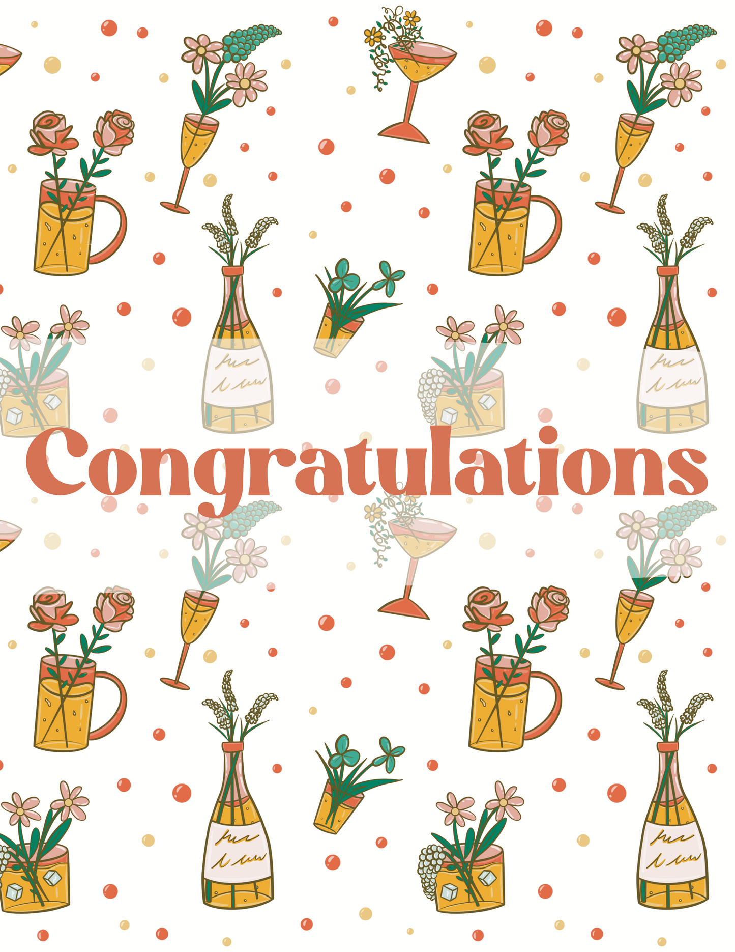 Greeting card design with the text "Congratulations". The background pattern includes various types of formal glassware with flowers inside them.